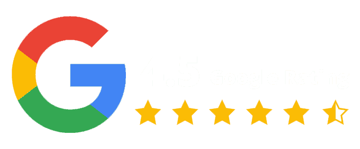 Google logo followed by five full gold stars and one half gold star, representing a four and a half star rating for Philadelphia Car Accident Lawyer services.