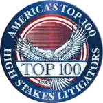 Logo with a blue circle featuring "America's Top 100 High Stakes Litigators." Includes an eagle and "Top 100" in the center on a red-striped background.