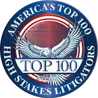 Logo with a blue circle featuring "America's Top 100 High Stakes Litigators." Includes an eagle and "Top 100" in the center on a red-striped background.