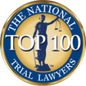 Gold and blue circular badge with text: "The National Trial Lawyers Top 100." Silhouette of Lady Justice holding scales in the center.