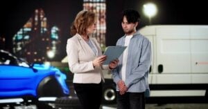 Attorney holding clipboard while speaking with driver beside damaged car and truck