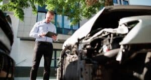 insurance adjuster holding clipboard inspecting heavily damaged vehicle after collision