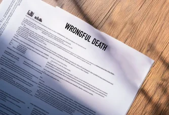 A document titled “Wrongful Death” on a wooden surface, partially obscured by shadows. A document titled "Wrongful Death" on a wooden surface, partially obscured by shadows.